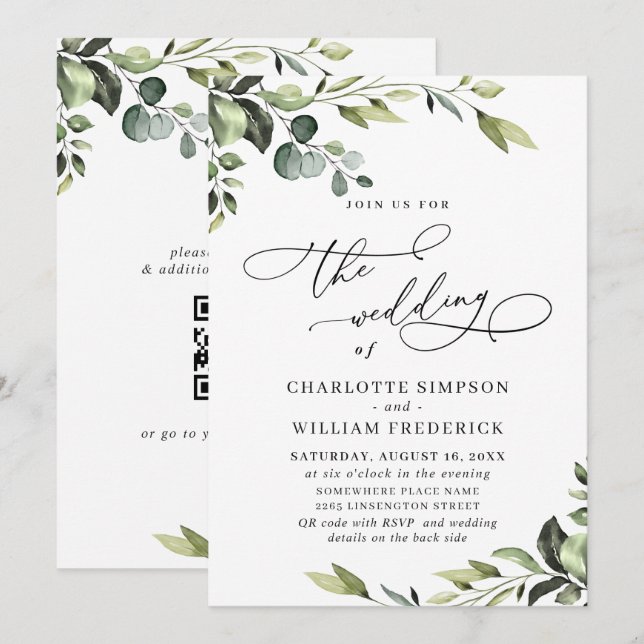 Convites Casamento de Eucalipto Elegante com Vegetação em A (Frente/Verso)