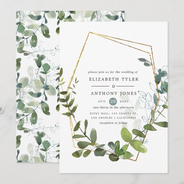 Convites Casamento de Eucalipto em Aquarela (Frente/Verso)