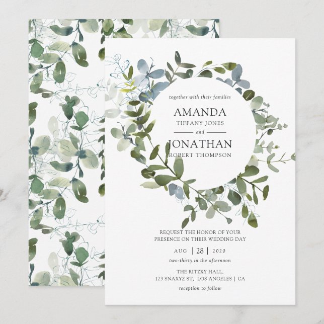 Convites Casamento de Eucalipto em Aquarela (Frente/Verso)
