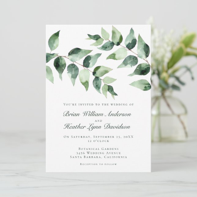 Convites Casamento de Eucalipto em Aquarela | Branco (Em pé/Frente)