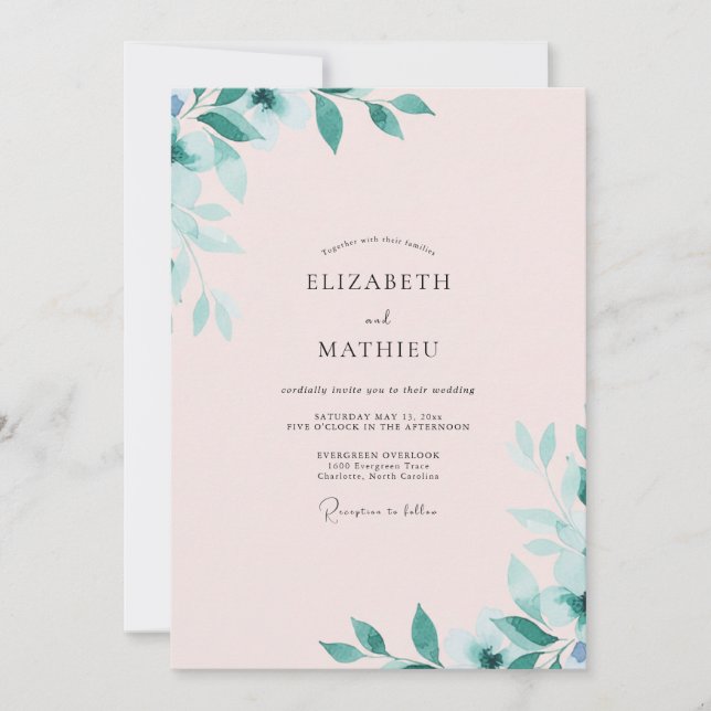 Convites Casamento de Eucalipto em Folhagem Azul Pastel (Frente)