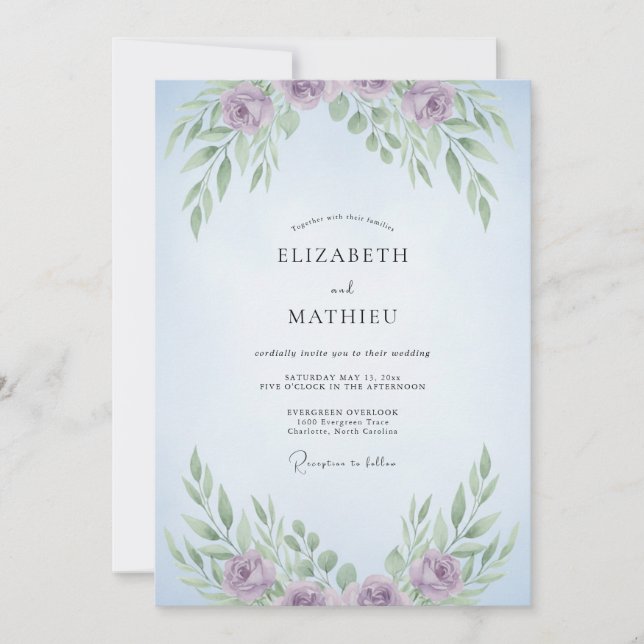 Convites Casamento de Eucalipto Flor Lilás Céu (Frente)