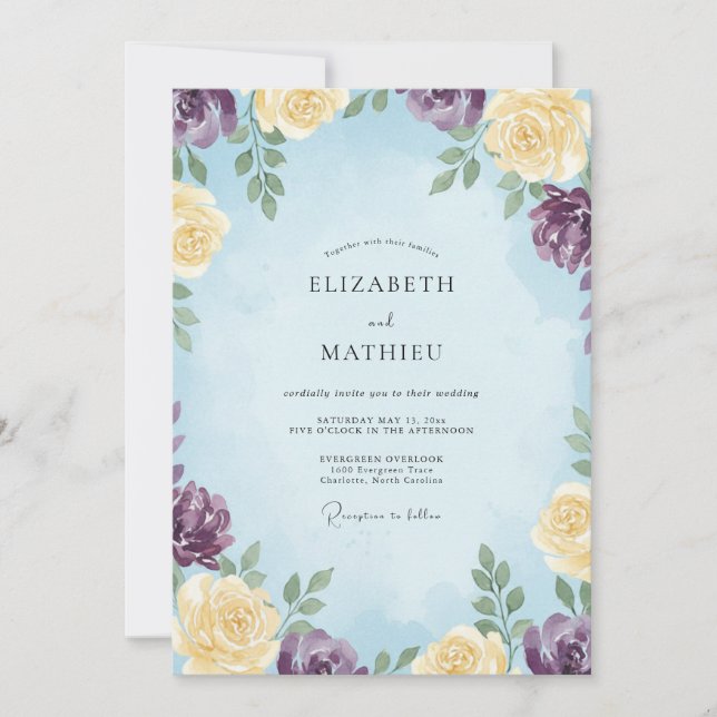 Convites Casamento de Eucalipto Flor Violeta Azure (Frente)