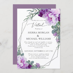 Convites Casamento de Eucalipto Floral Roxo Virtual e Prata