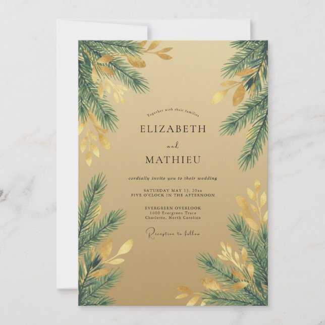Convites Casamento de Eucalipto Floresta de Pinheiro Dourad (Frente)