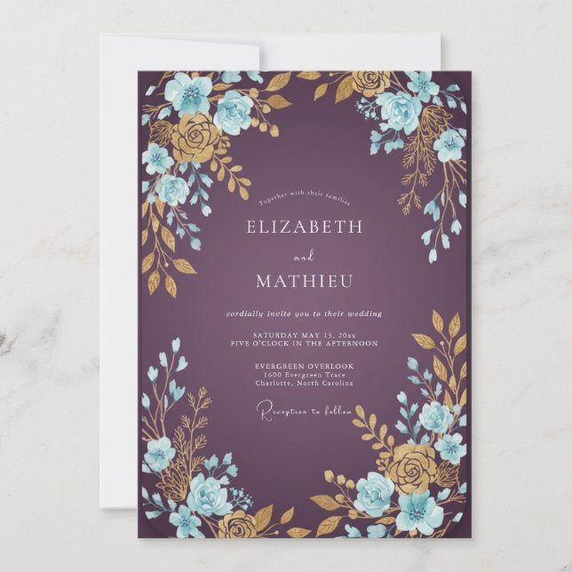 Convites Casamento de Eucalipto Folhagem Aqua Ameixa (Frente)