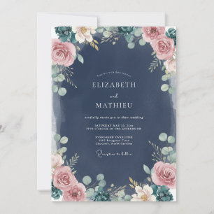 Convites Casamento de Eucalipto Folhagem Bege Azul-Marinho