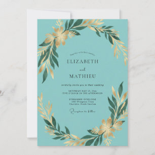 Convites Casamento de Eucalipto Folhagem Dourada Aqua