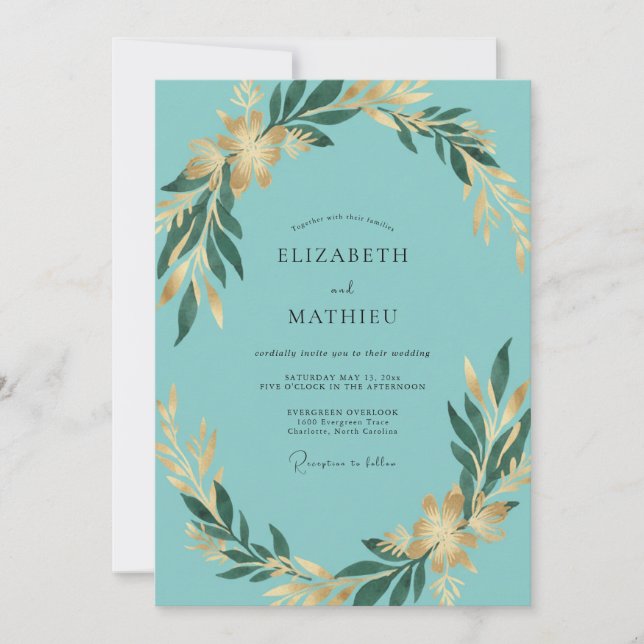Convites Casamento de Eucalipto Folhagem Dourada Aqua (Frente)