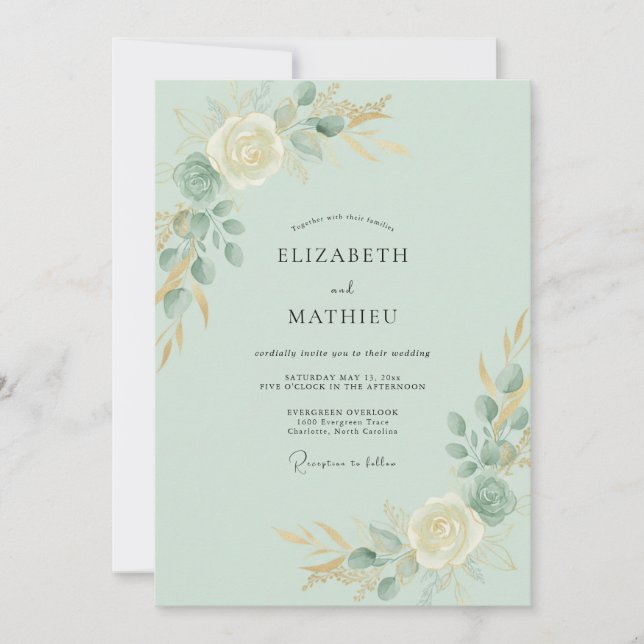 Convites Casamento de Eucalipto Folhagem Dourada Espuma do  (Frente)