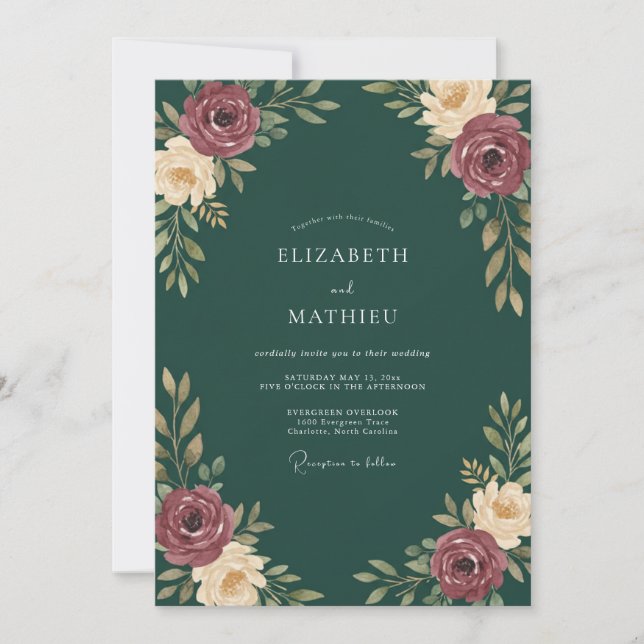 Convites Casamento de Eucalipto Folhagem Esmeralda Borgonha (Frente)
