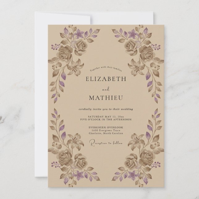 Convites Casamento de Eucalipto Folhagem Lilás Bege (Frente)
