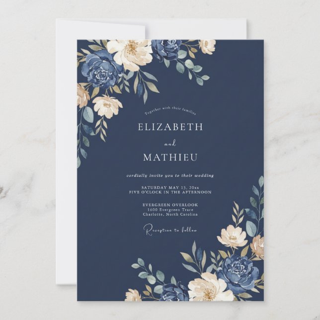 Convites Casamento de Eucalipto Folhagem Marfim Índigo (Frente)