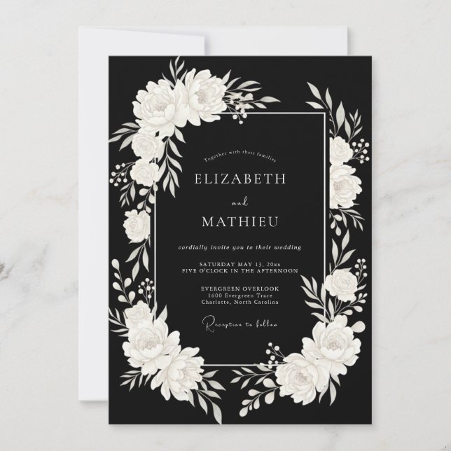 Convites Casamento de Eucalipto Folhagem Marfim Preto (Frente)