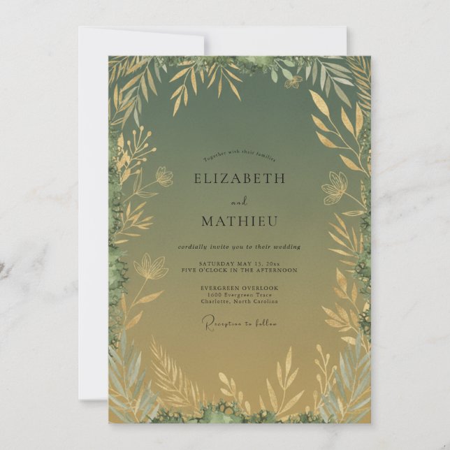 Convites Casamento de Eucalipto Folhagem Oliva Dourada (Frente)