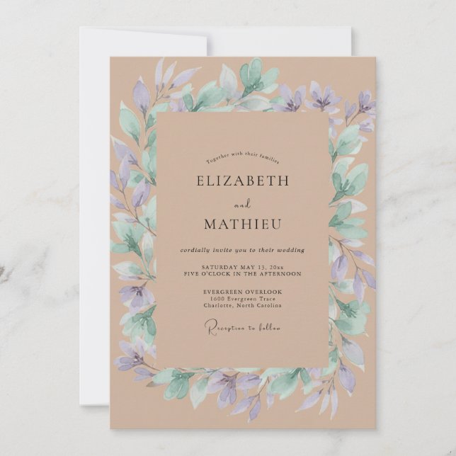 Convites Casamento de Eucalipto Folhagem Periwinkle Taupe (Frente)