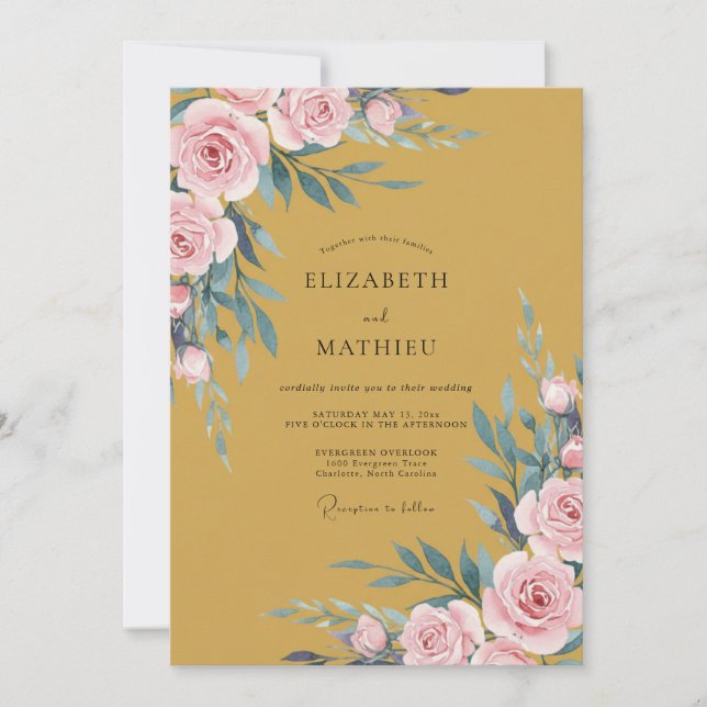 Convites Casamento de Eucalipto Folhagem Rosa Dourada (Frente)