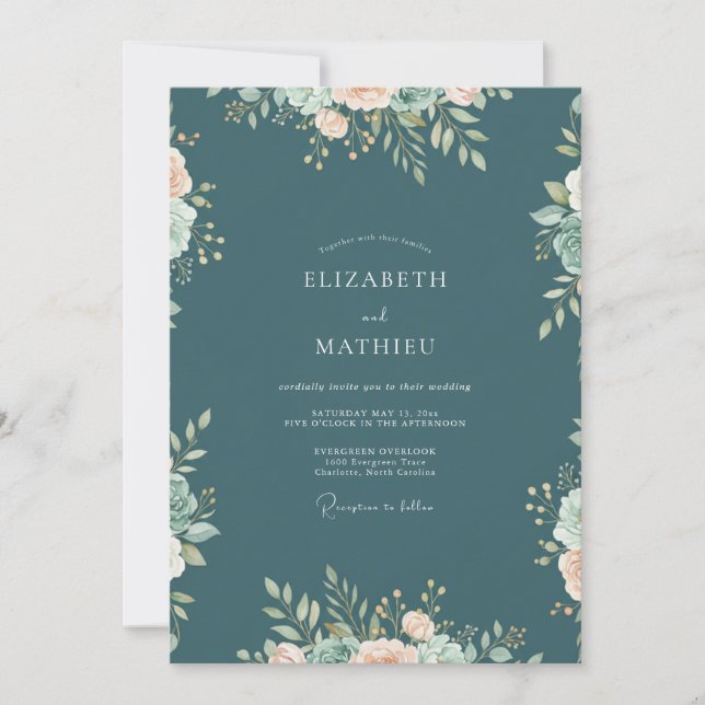 Convites Casamento de Eucalipto Folhagem Teal Ardósia (Frente)
