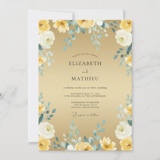 Convites Casamento de Eucalipto Folhagem Teal Dourada (Frente)