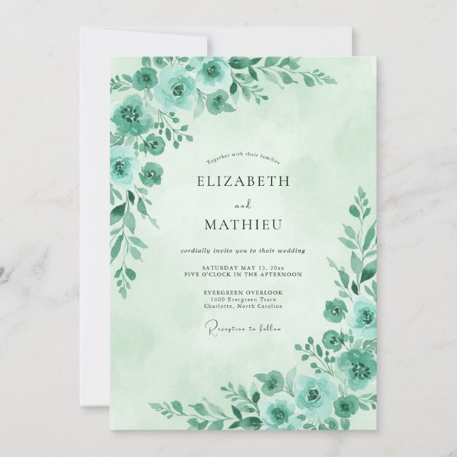 Convites Casamento de Eucalipto Folhagem Teal Espuma do Mar (Frente)