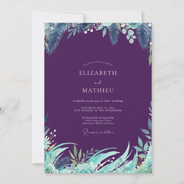Convites Casamento de Eucalipto Folhagem Tropical Ameixa (Frente)