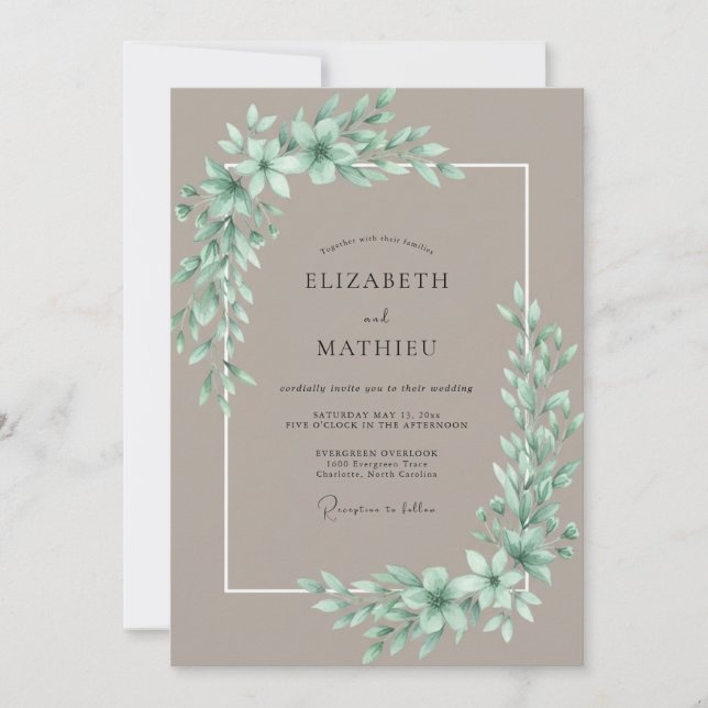 Convites Casamento de Eucalipto Folhagem Verde-Menta Bege (Frente)