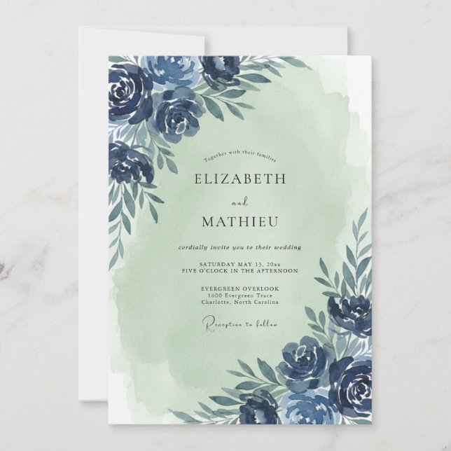 Convites Casamento de Eucalipto Folhagem Verde Menta Marinh (Frente)