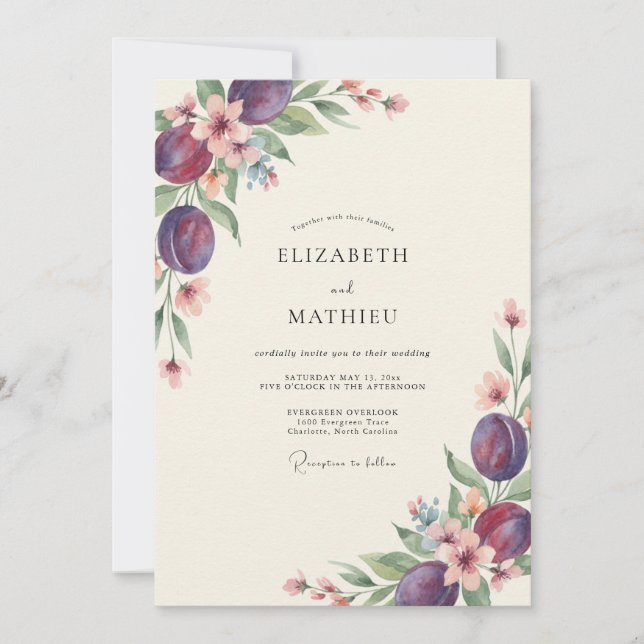 Convites Casamento de Eucalipto Fruta Ameixa Profunda (Frente)
