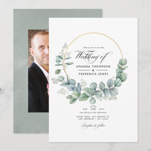 Convites Casamento de Eucalipto Geométrico Sage Prata Foto (Frente/Verso)