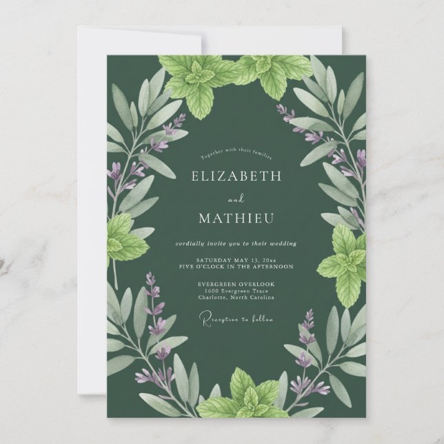 Convites Casamento de Eucalipto Herbal Oliva Profunda (Frente)