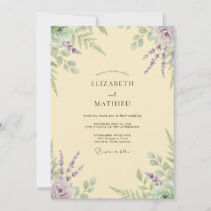 Convites Casamento de Eucalipto Lavanda Amarelo Pálido
