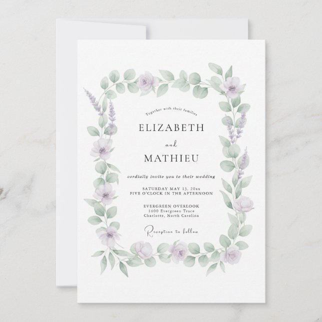 Convites Casamento de Eucalipto Lavanda Suave (Frente)