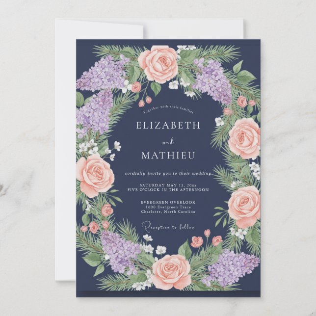 Convites Casamento de Eucalipto Lilás Coral Marinho (Frente)