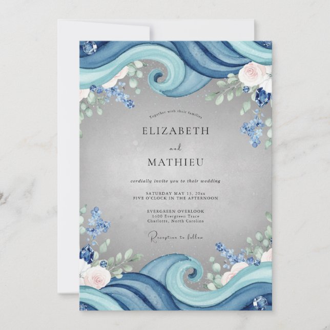 Convites Casamento de Eucalipto Onda do Oceano Azul (Frente)