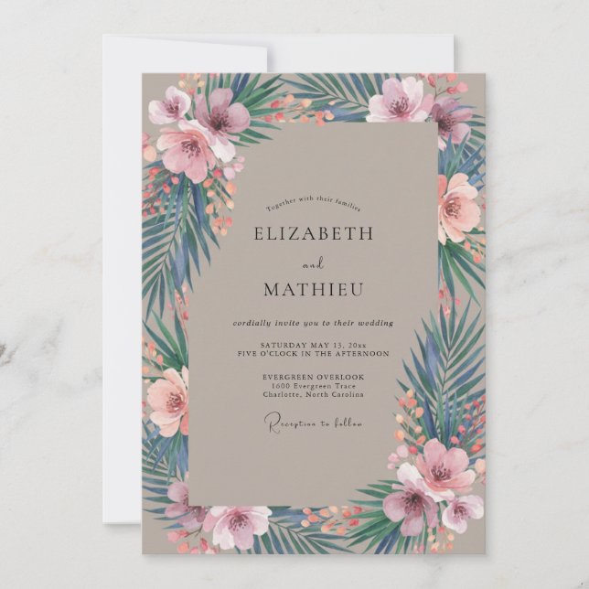 Convites Casamento de Eucalipto Palma Rosa Taupe (Frente)