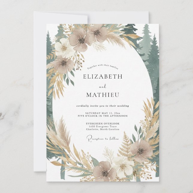 Convites Casamento de Eucalipto Pampas Bege (Frente)