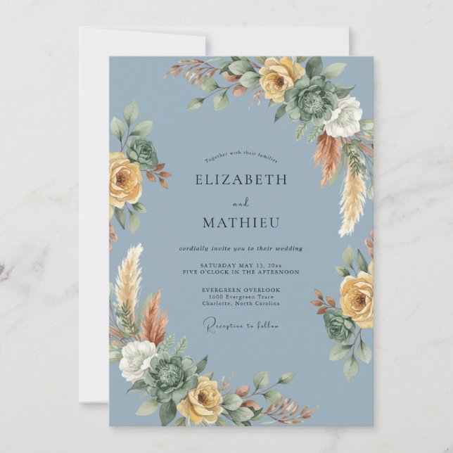 Convites Casamento de Eucalipto Pampas Dourado Esverdeado (Frente)