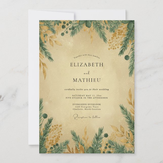 Convites Casamento de Eucalipto Pinheiro Dourado Turquesa (Frente)
