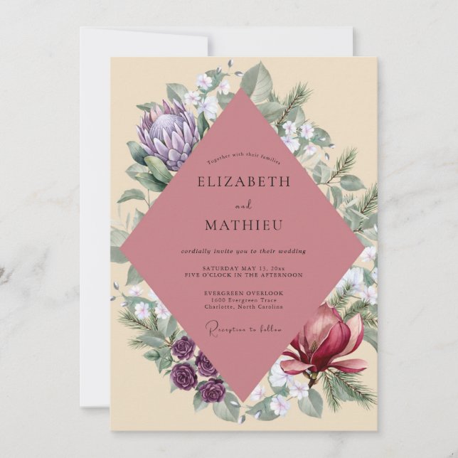 Convites Casamento de Eucalipto Protea Roxo Malva (Frente)