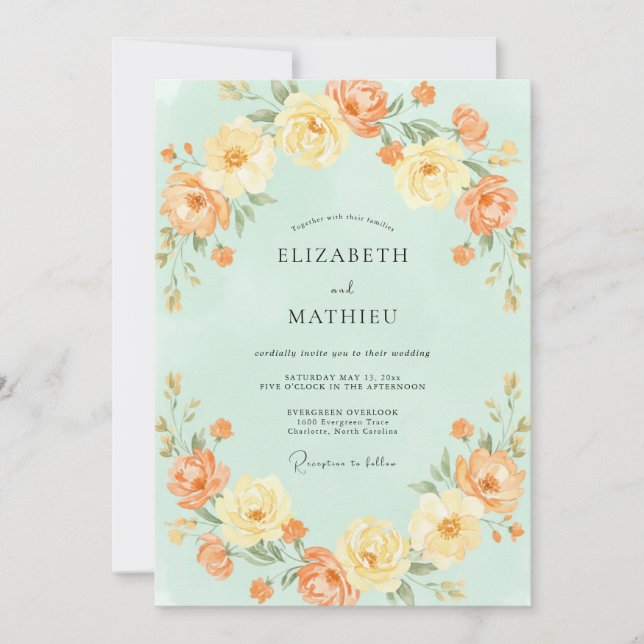 Convites Casamento de Eucalipto Ranunculus Laranja Celadon (Frente)