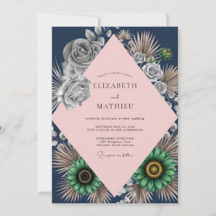 Convites Casamento de Eucalipto Rosa Navy