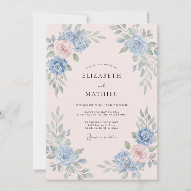 Convites Casamento de Eucalipto Rosa Poeira Azul-marinho (Frente)