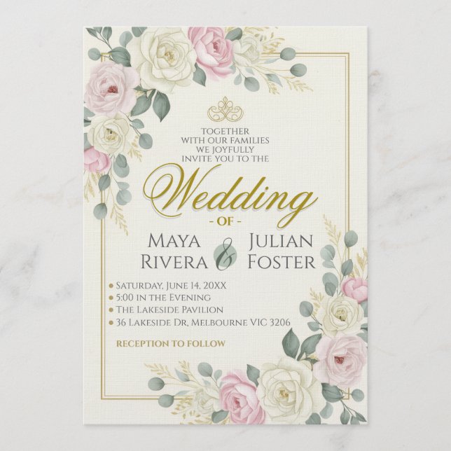 Convites Casamento de Eucalipto Rosa Suave e Verde Sage (Frente)