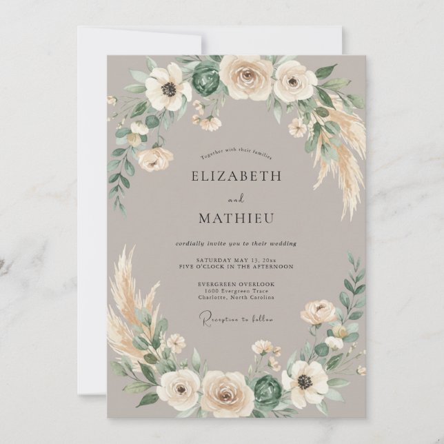 Convites Casamento de Eucalipto Seco Pampas Bege (Frente)