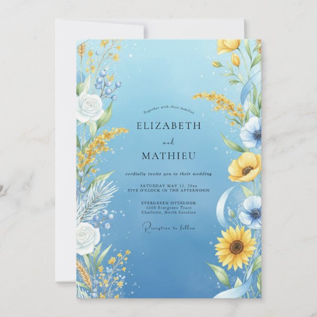 Convites Casamento de Eucalipto Suave Girassol Amarelo Açul (Frente)