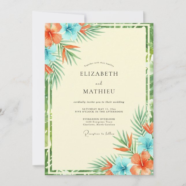Convites Casamento de Eucalipto Tropical Ciano Coral (Frente)