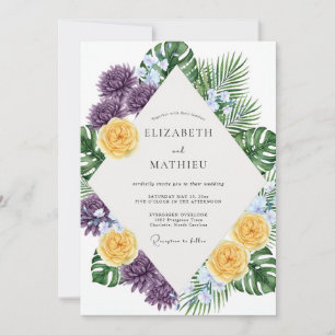 Convites Casamento de Eucalipto Tropical Roxo Amarelo