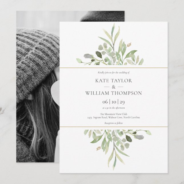 Convites Casamento de Eucalipto Verde Botânico com Foto (Frente/Verso)