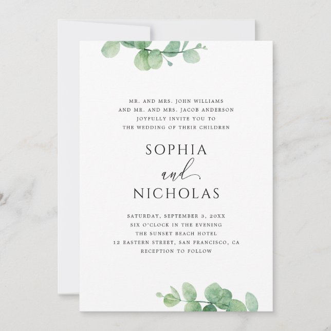 Convites Casamento de Eucalipto Verde | Botânico Elegante (Frente)