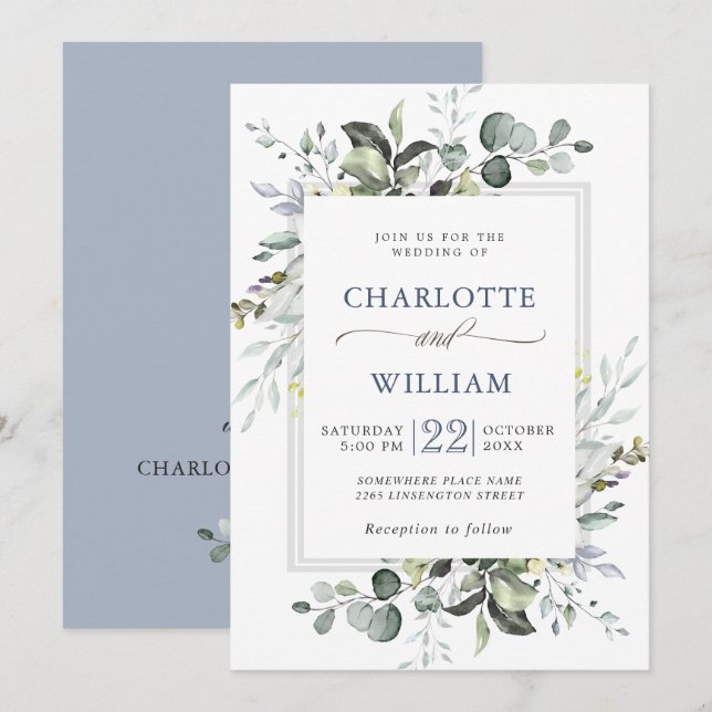 Convites Casamento de Eucalipto Verde com Aquarela Elegante (Frente/Verso)
